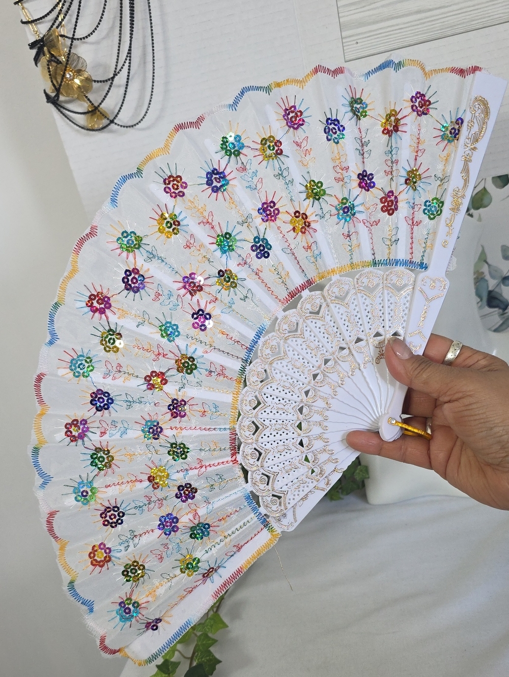 White And Rainbow Sequin Embroidered Folding Hand Fan